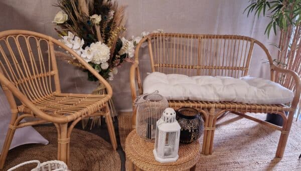Ensemble banquette et fauteuil en rotin
